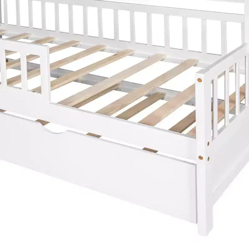 Twin size Wooden House Bed Frame, Kids Bed with Trundle, Shelf, Safe Guardrails