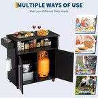 Grill Cart with Storage,Stainless Steel Kitchen Food Prep Table Island with Cabinet, Open Shelves, Hooks & Spice Rack, BBQ Cart for Outdoor,Indoor