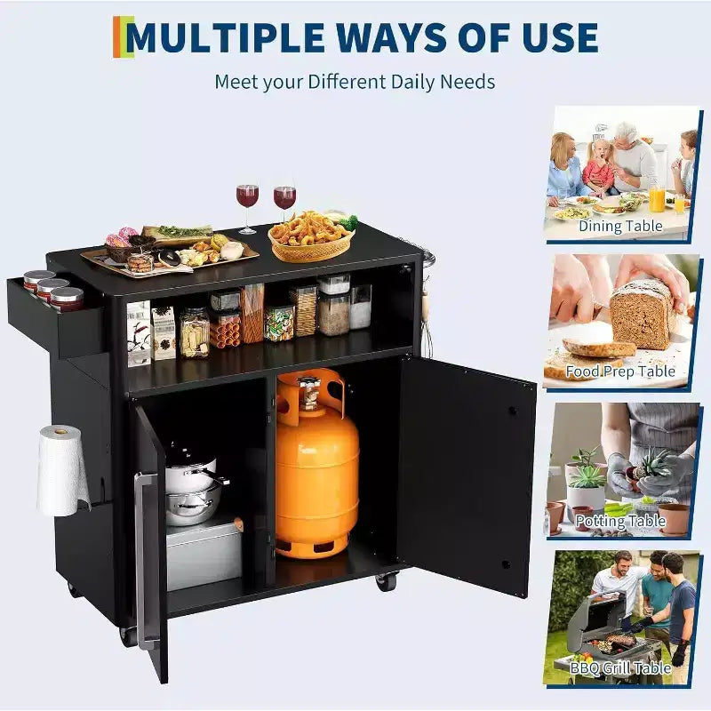 Grill Cart with Storage,Stainless Steel Kitchen Food Prep Table Island with Cabinet, Open Shelves, Hooks & Spice Rack, BBQ Cart for Outdoor,Indoor