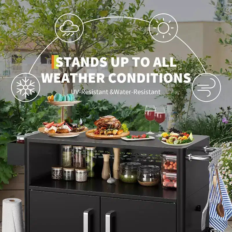 Grill Cart with Storage,Stainless Steel Kitchen Food Prep Table Island with Cabinet, Open Shelves, Hooks & Spice Rack, BBQ Cart for Outdoor,Indoor