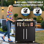 Grill Cart with Storage,Stainless Steel Kitchen Food Prep Table Island with Cabinet, Open Shelves, Hooks & Spice Rack, BBQ Cart for Outdoor,Indoor