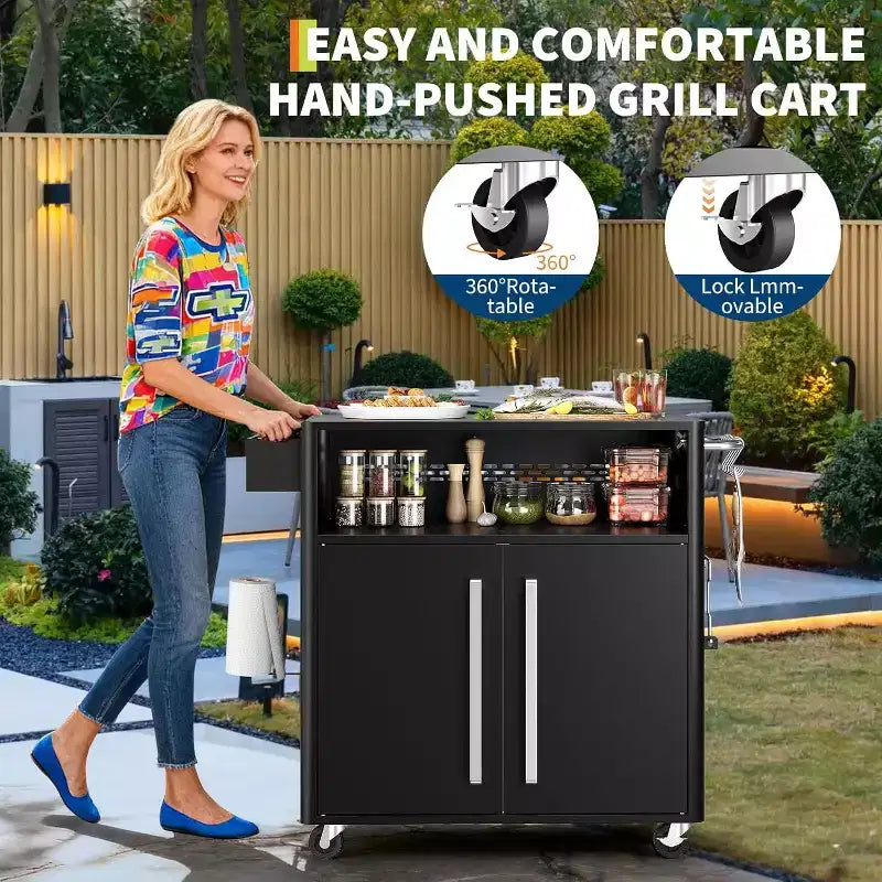 Grill Cart with Storage,Stainless Steel Kitchen Food Prep Table Island with Cabinet, Open Shelves, Hooks & Spice Rack, BBQ Cart for Outdoor,Indoor