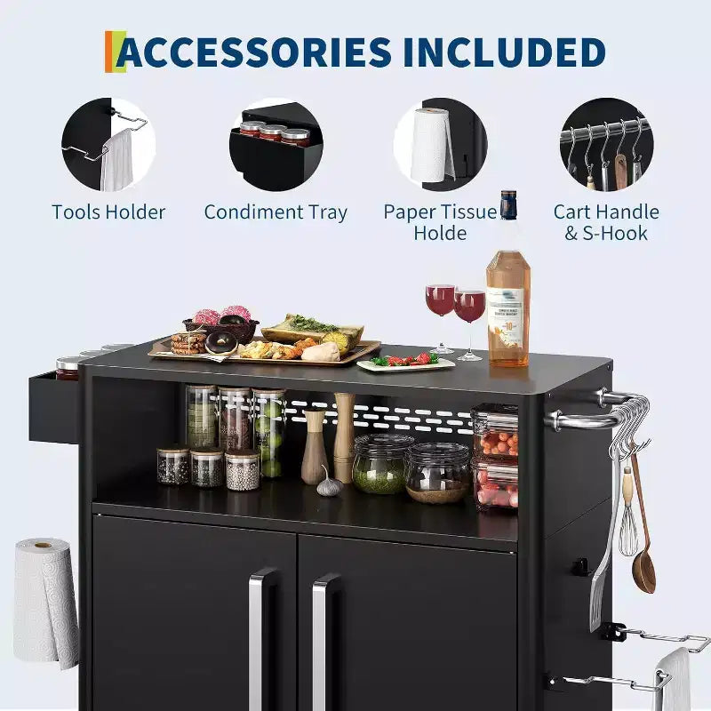 Grill Cart with Storage,Stainless Steel Kitchen Food Prep Table Island with Cabinet, Open Shelves, Hooks & Spice Rack, BBQ Cart for Outdoor,Indoor
