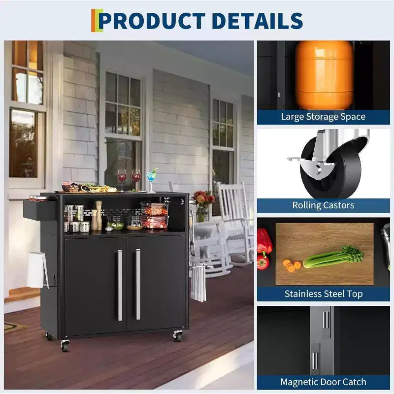 Grill Cart with Storage,Stainless Steel Kitchen Food Prep Table Island with Cabinet, Open Shelves, Hooks & Spice Rack, BBQ Cart for Outdoor,Indoor