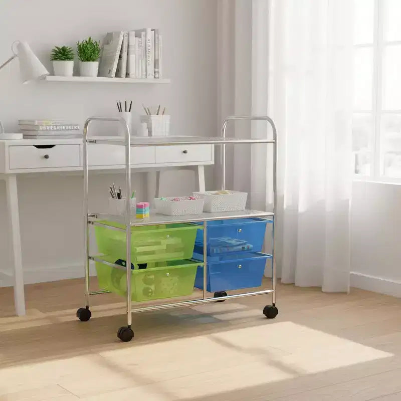Mobile Storage Cart with 4 Drawers Scrapbook Paper Holder Office and School Organizer Shelf Multicolored/Hot Pink