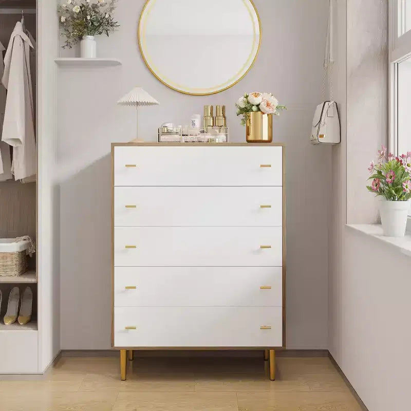 Farmhouse 5 Drawers Dresser for Bedroom, 44 in Tall Dresser Wood Rustic Chest of Drawers with Large Drawers & Bar Handles,Drawer Organizer for Living