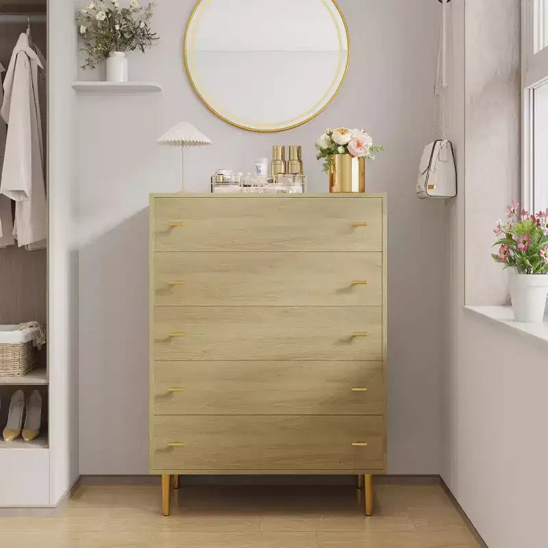 Farmhouse 5 Drawers Dresser for Bedroom, 44 in Tall Dresser Wood Rustic Chest of Drawers with Large Drawers & Bar Handles,Drawer Organizer for Living