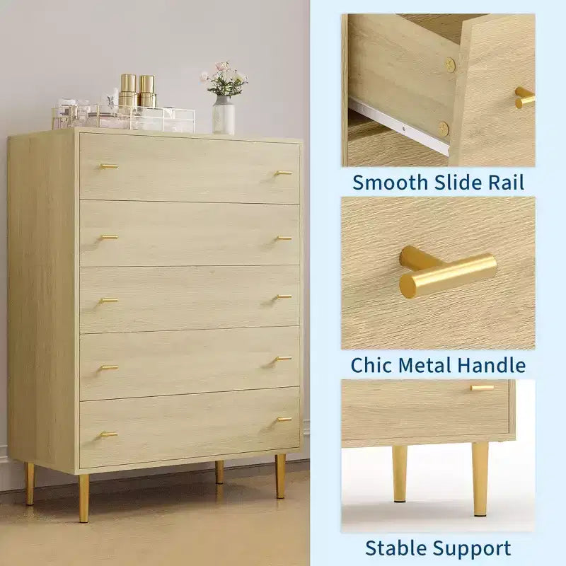 Farmhouse 5 Drawers Dresser for Bedroom, 44 in Tall Dresser Wood Rustic Chest of Drawers with Large Drawers & Bar Handles,Drawer Organizer for Living