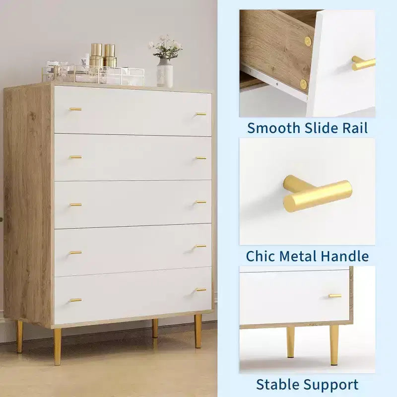 Farmhouse 5 Drawers Dresser for Bedroom, 44 in Tall Dresser Wood Rustic Chest of Drawers with Large Drawers & Bar Handles,Drawer Organizer for Living