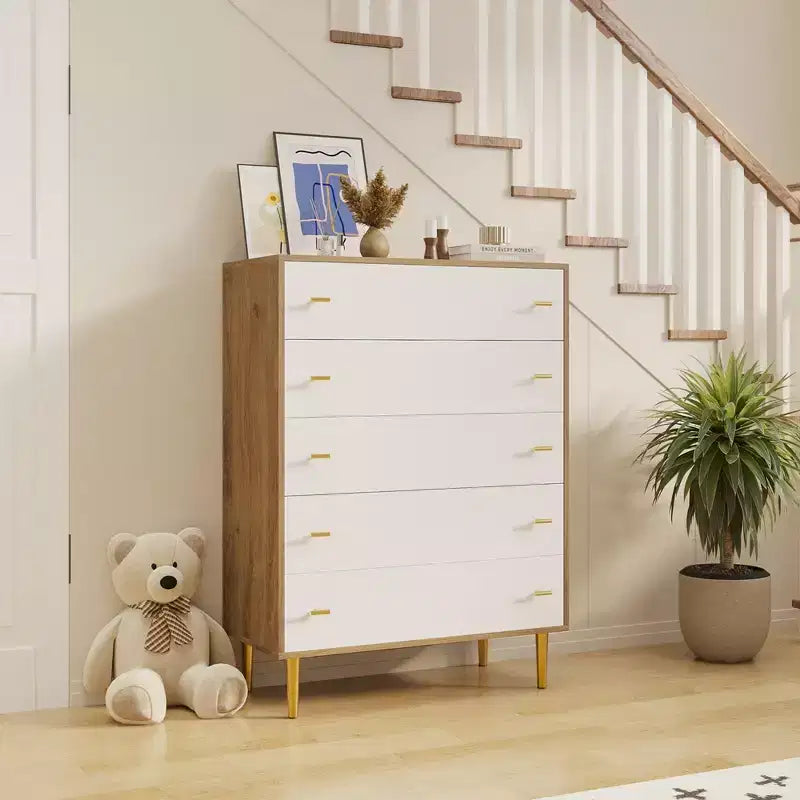 Farmhouse 5 Drawers Dresser for Bedroom, 44 in Tall Dresser Wood Rustic Chest of Drawers with Large Drawers & Bar Handles,Drawer Organizer for Living