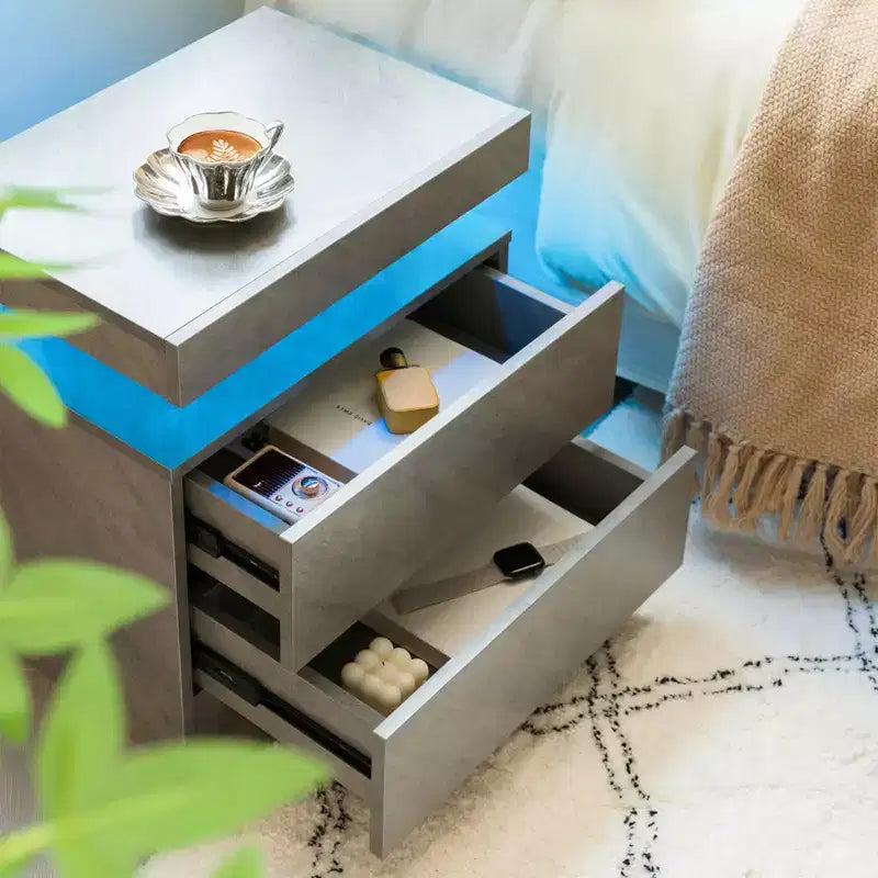 Comodino con 2 cassetti, tavolino moderno per camera da letto, grigio scuro
