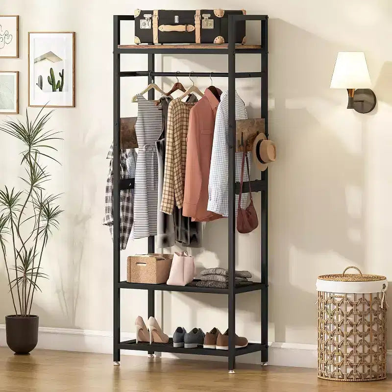 69-inch Tall Heavy Duty Garment Rack: Freestanding Closet Organizer with Open Storage Shelves and Hooks, Brown & Black for Bedroom.