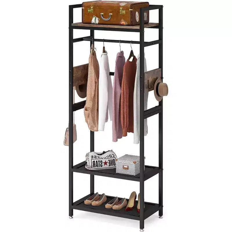 69-inch Tall Heavy Duty Garment Rack: Freestanding Closet Organizer with Open Storage Shelves and Hooks, Brown & Black for Bedroom.