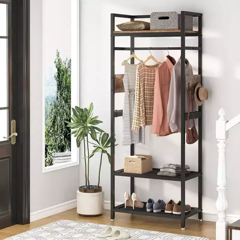 69-inch Tall Heavy Duty Garment Rack: Freestanding Closet Organizer with Open Storage Shelves and Hooks, Brown & Black for Bedroom.