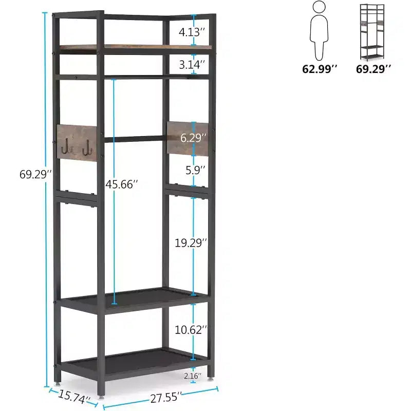 69-inch Tall Heavy Duty Garment Rack: Freestanding Closet Organizer with Open Storage Shelves and Hooks, Brown & Black for Bedroom.