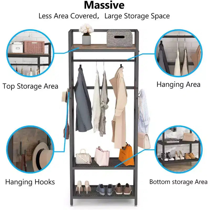 69-inch Tall Heavy Duty Garment Rack: Freestanding Closet Organizer with Open Storage Shelves and Hooks, Brown & Black for Bedroom.