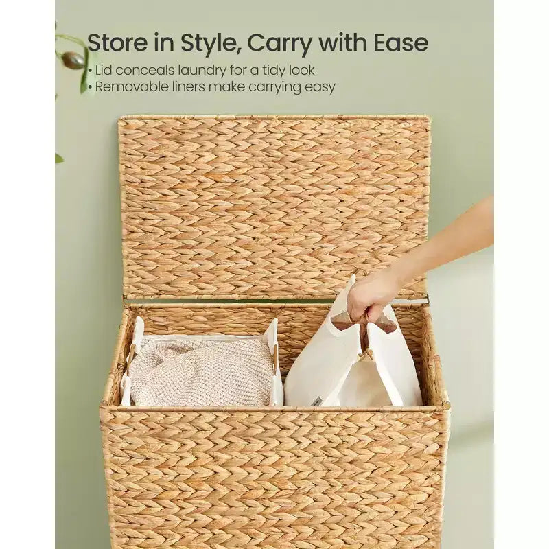 Laundry Hamper 2 Sections, 34.3 Gal. (130 L) Handwoven Water Hyacinth Wicker, with Lid, Removable Washable Liners, Handles
