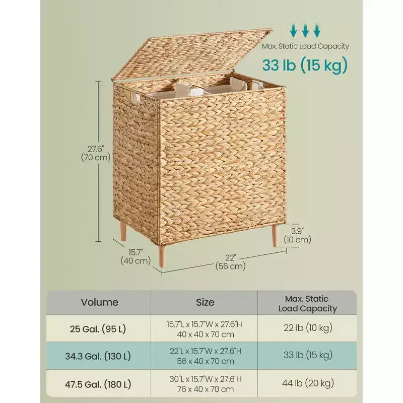Laundry Hamper 2 Sections, 34.3 Gal. (130 L) Handwoven Water Hyacinth Wicker, with Lid, Removable Washable Liners, Handles