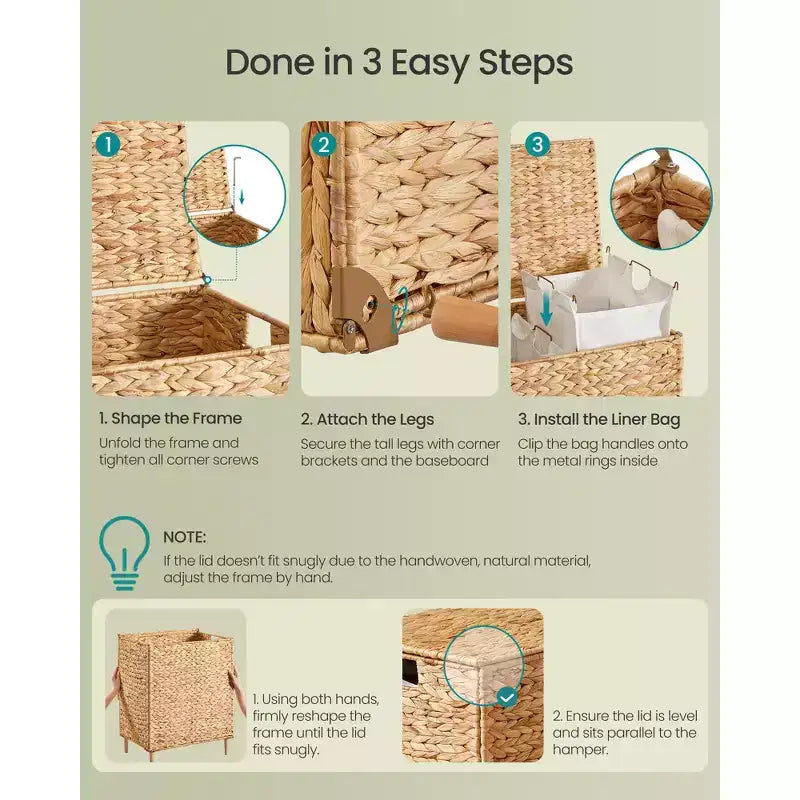 Laundry Hamper 2 Sections, 34.3 Gal. (130 L) Handwoven Water Hyacinth Wicker, with Lid, Removable Washable Liners, Handles