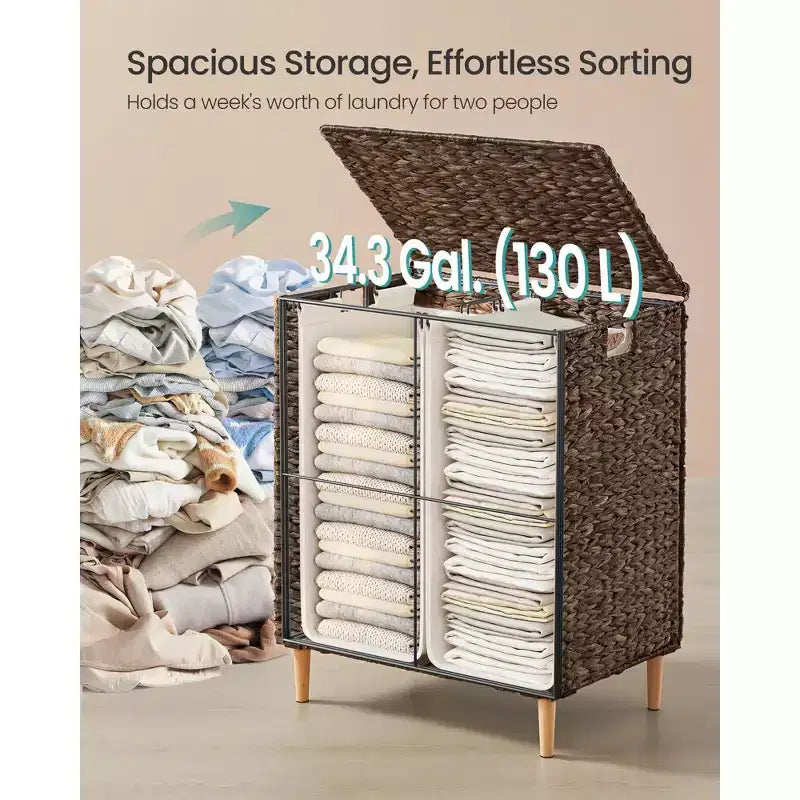 Laundry Hamper 2 Sections, 34.3 Gal. (130 L) Handwoven Water Hyacinth Wicker, with Lid, Removable Washable Liners, Handles
