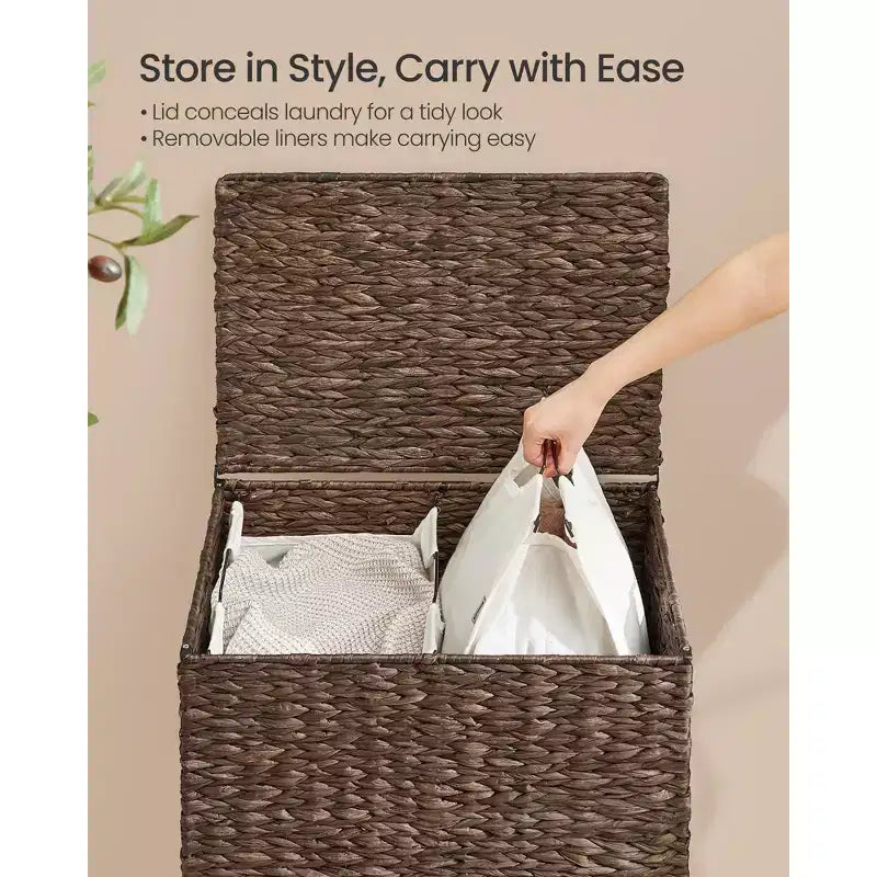 Laundry Hamper 2 Sections, 34.3 Gal. (130 L) Handwoven Water Hyacinth Wicker, with Lid, Removable Washable Liners, Handles