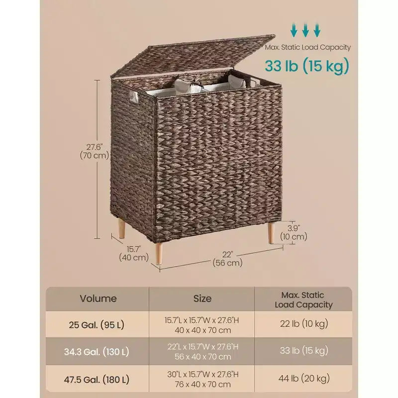Laundry Hamper 2 Sections, 34.3 Gal. (130 L) Handwoven Water Hyacinth Wicker, with Lid, Removable Washable Liners, Handles