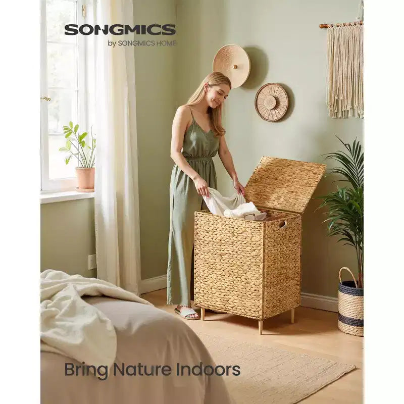 Laundry Hamper 2 Sections, 34.3 Gal. (130 L) Handwoven Water Hyacinth Wicker, with Lid, Removable Washable Liners, Handles