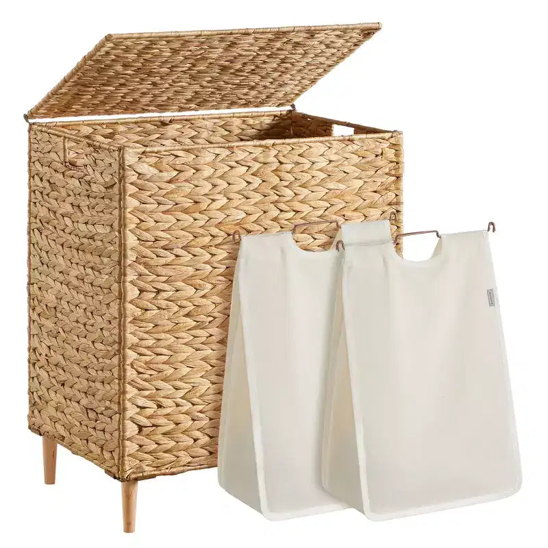 Laundry Hamper 2 Sections, 34.3 Gal. (130 L) Handwoven Water Hyacinth Wicker, with Lid, Removable Washable Liners, Handles