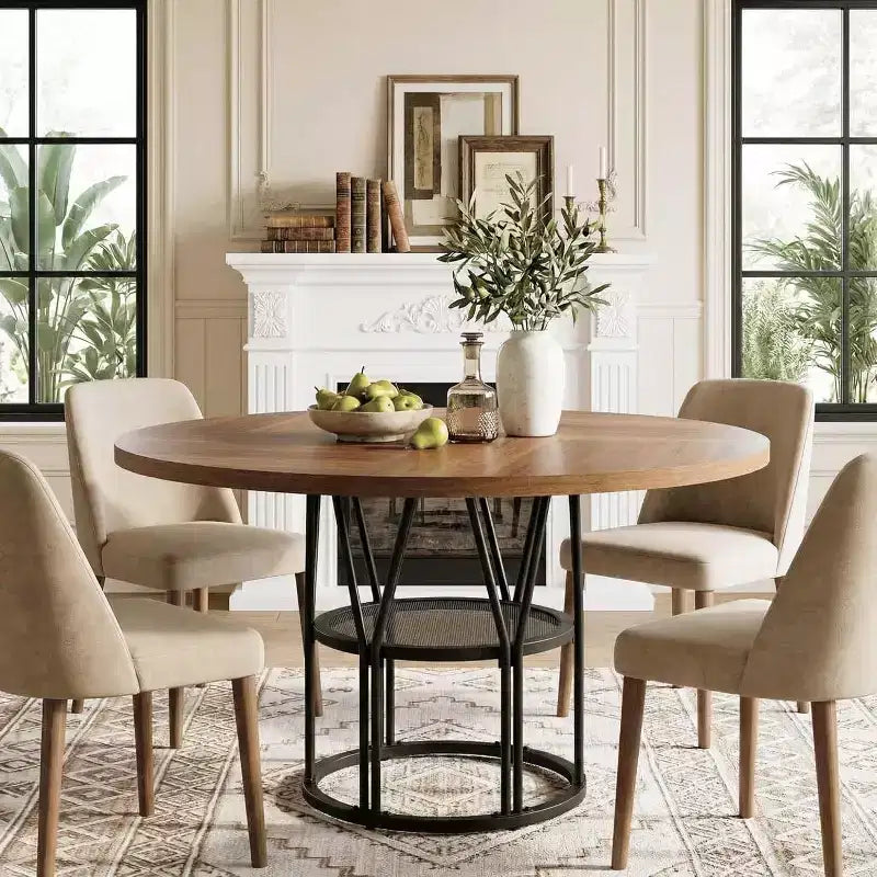 Round Dinning Table for 4-6, 47in Circle Kitchen Table with Storage Shelf & Sturdy Metal Frame, Modern Dinner Table for Kitchen, Living Room