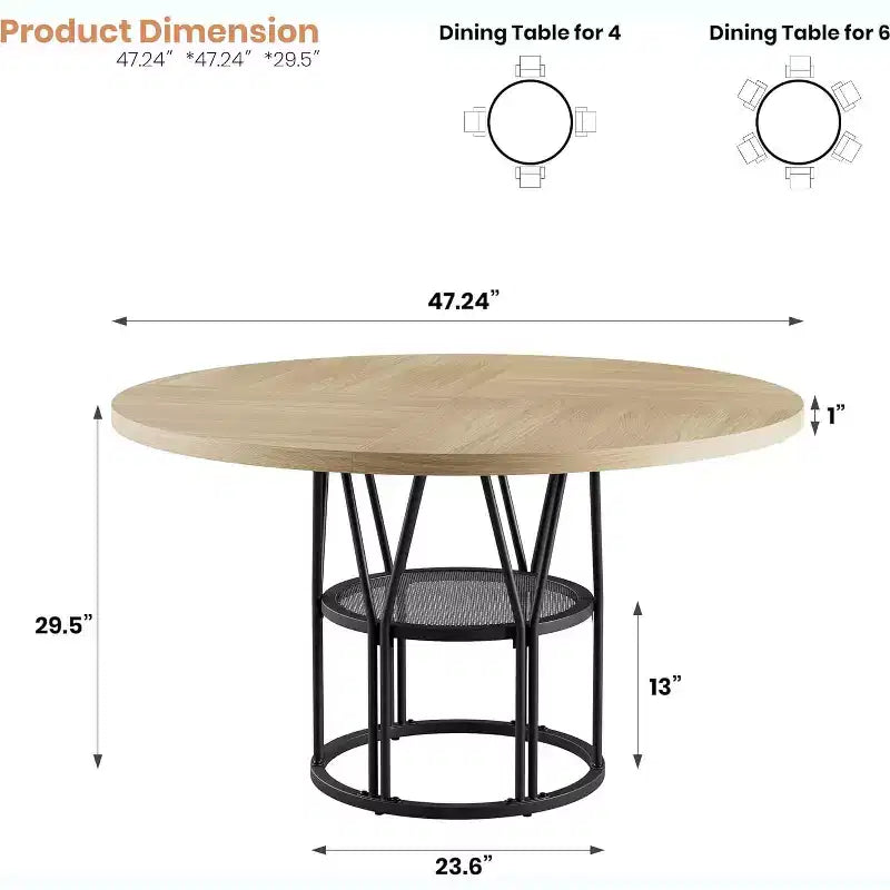 Round Dinning Table for 4-6, 47in Circle Kitchen Table with Storage Shelf & Sturdy Metal Frame, Modern Dinner Table for Kitchen, Living Room