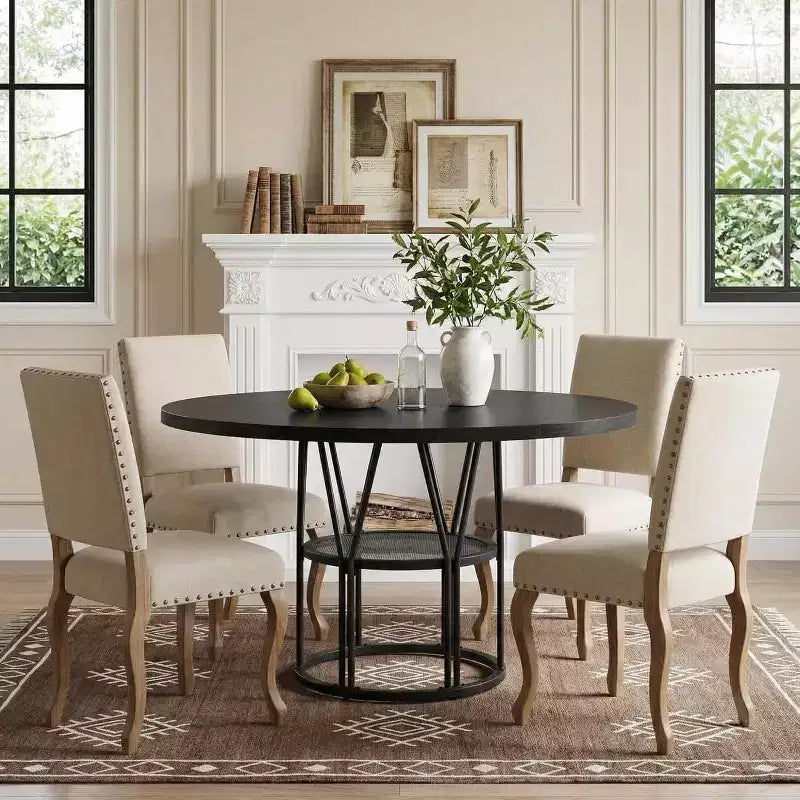 Round Dinning Table for 4-6, 47in Circle Kitchen Table with Storage Shelf & Sturdy Metal Frame, Modern Dinner Table for Kitchen, Living Room