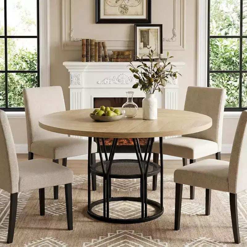 Round Dinning Table for 4-6, 47in Circle Kitchen Table with Storage Shelf & Sturdy Metal Frame, Modern Dinner Table for Kitchen, Living Room