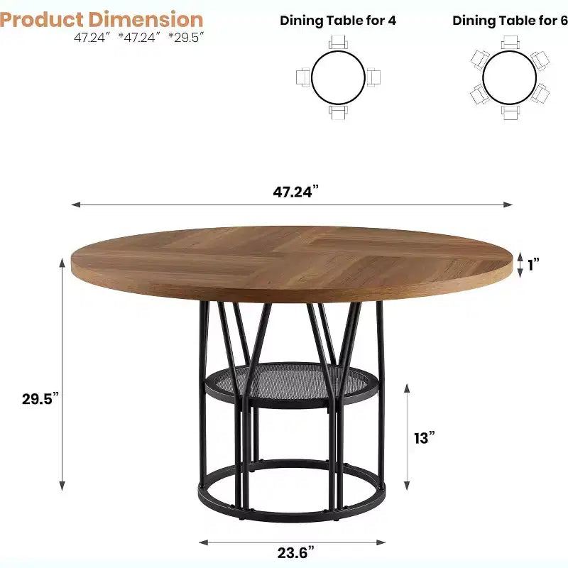 Round Dinning Table for 4-6, 47in Circle Kitchen Table with Storage Shelf & Sturdy Metal Frame, Modern Dinner Table for Kitchen, Living Room