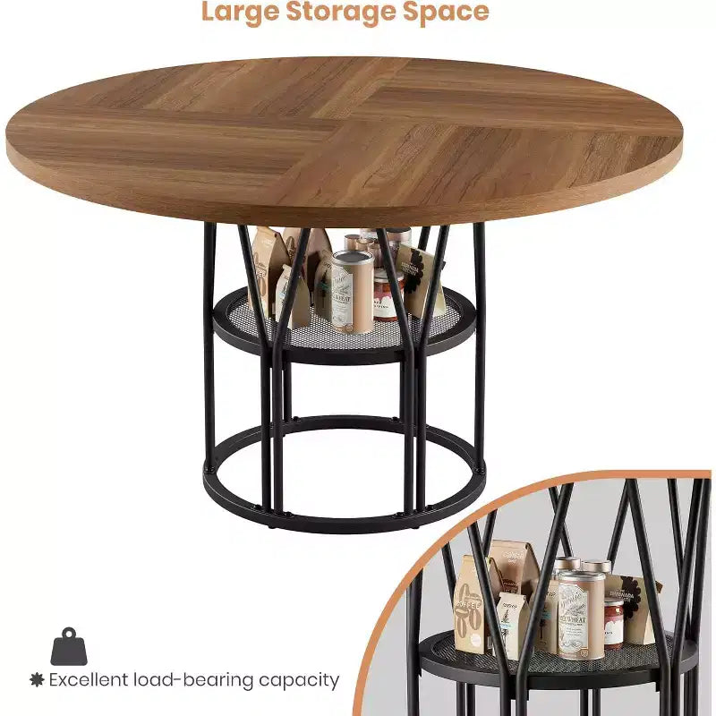 Round Dinning Table for 4-6, 47in Circle Kitchen Table with Storage Shelf & Sturdy Metal Frame, Modern Dinner Table for Kitchen, Living Room