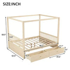 Queen Size Wooden Canopy Bed Frame with 2 Built-in Storage Drawers, Sturdy Durable Construction