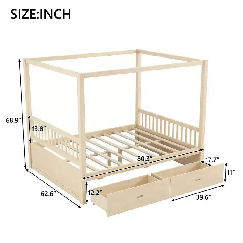Queen Size Wooden Canopy Bed Frame with 2 Built-in Storage Drawers, Sturdy Durable Construction