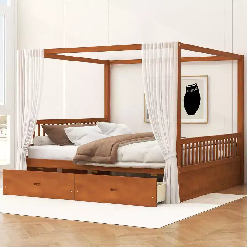 Queen Size Wooden Canopy Bed Frame with 2 Built-in Storage Drawers, Sturdy Durable Construction