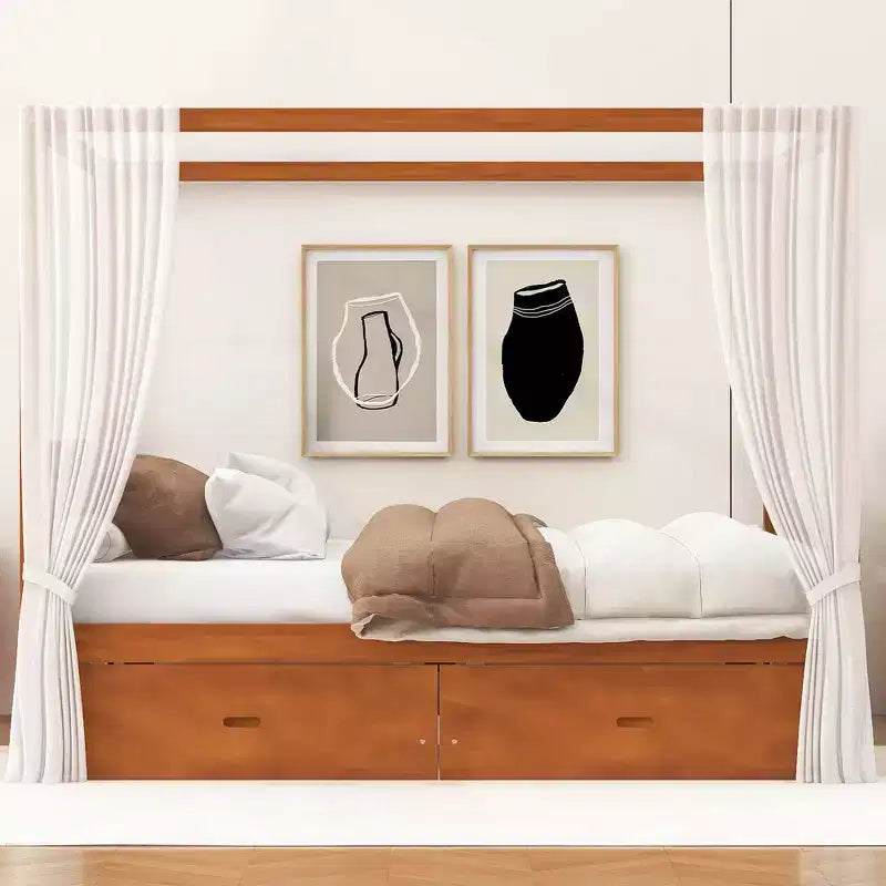 Queen Size Wooden Canopy Bed Frame with 2 Built-in Storage Drawers, Sturdy Durable Construction