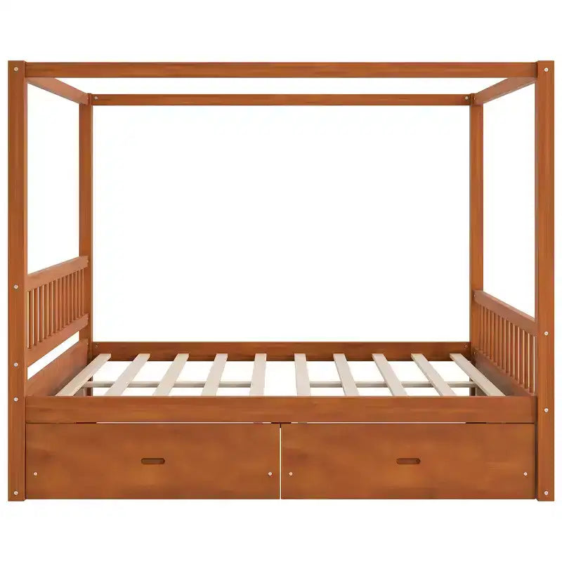 Queen Size Wooden Canopy Bed Frame with 2 Built-in Storage Drawers, Sturdy Durable Construction