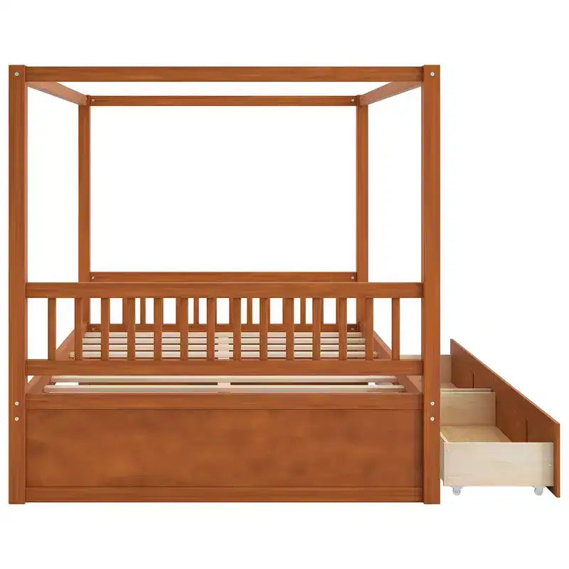 Queen Size Wooden Canopy Bed Frame with 2 Built-in Storage Drawers, Sturdy Durable Construction