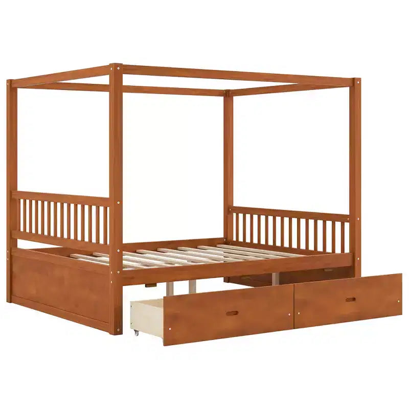 Queen Size Wooden Canopy Bed Frame with 2 Built-in Storage Drawers, Sturdy Durable Construction