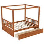 Queen Size Wooden Canopy Bed Frame with 2 Built-in Storage Drawers, Sturdy Durable Construction