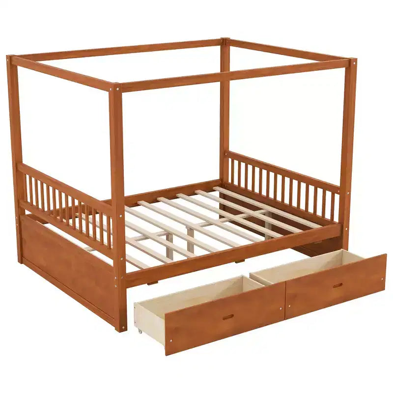 Queen Size Wooden Canopy Bed Frame with 2 Built-in Storage Drawers, Sturdy Durable Construction