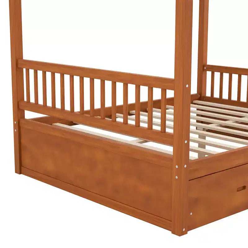 Queen Size Wooden Canopy Bed Frame with 2 Built-in Storage Drawers, Sturdy Durable Construction