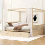 Queen Size Wooden Canopy Bed Frame with 2 Built-in Storage Drawers, Sturdy Durable Construction