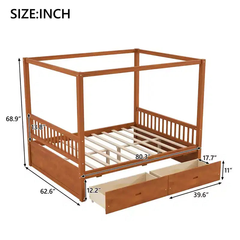 Queen Size Wooden Canopy Bed Frame with 2 Built-in Storage Drawers, Sturdy Durable Construction