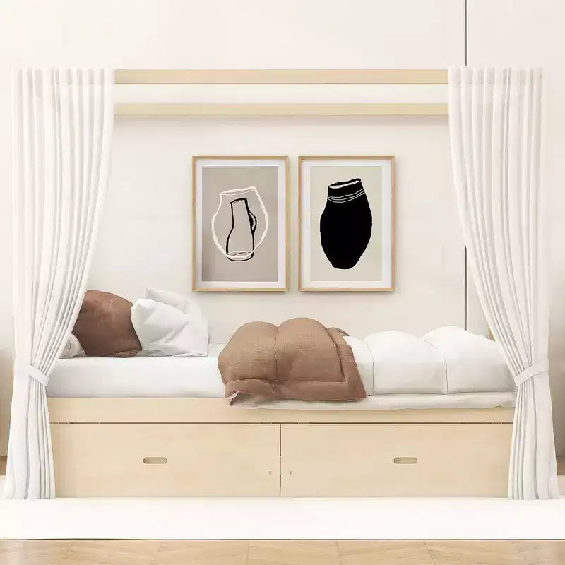Queen Size Wooden Canopy Bed Frame with 2 Built-in Storage Drawers, Sturdy Durable Construction