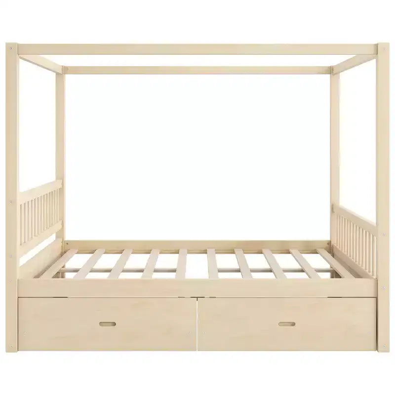 Queen Size Wooden Canopy Bed Frame with 2 Built-in Storage Drawers, Sturdy Durable Construction