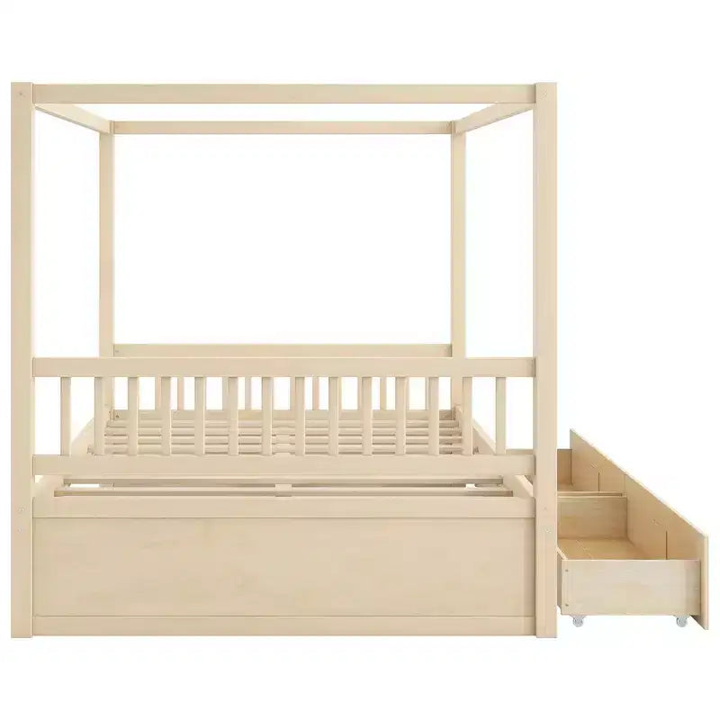 Queen Size Wooden Canopy Bed Frame with 2 Built-in Storage Drawers, Sturdy Durable Construction