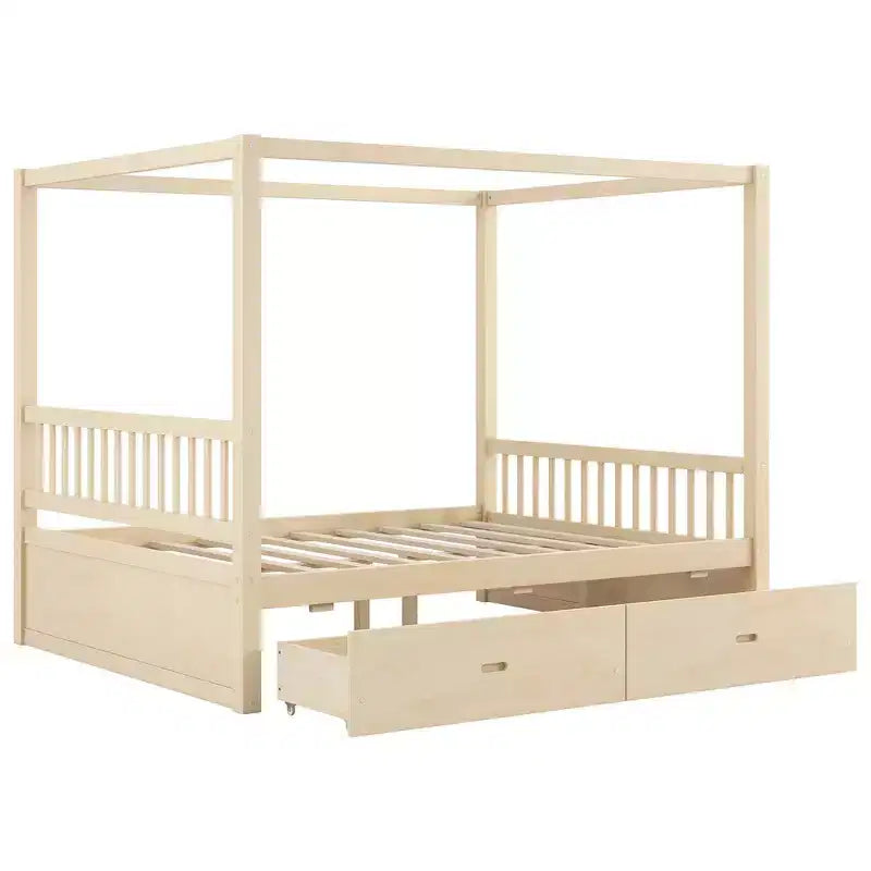 Queen Size Wooden Canopy Bed Frame with 2 Built-in Storage Drawers, Sturdy Durable Construction